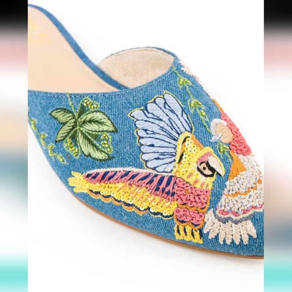 Fizzy Mules Blue w/ Bird Embroidered Mules Size EU38 (Runs Small Wears Like a 37 - Picture 4 of 5